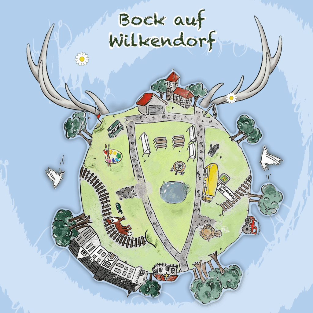 Illustration des Festgeländes von Bock auf Wilkendorf mit Häusern, Wiese und Marktplatz.